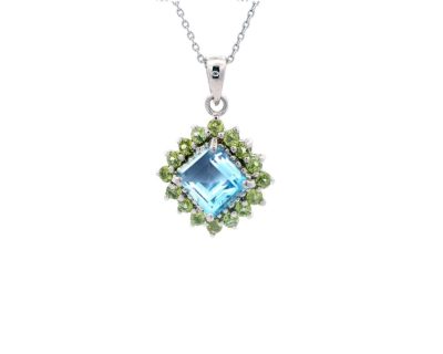 Silver Fancy Square Pendant with Blue Topaz and Peridots (Only available in Namibia)  agah3030